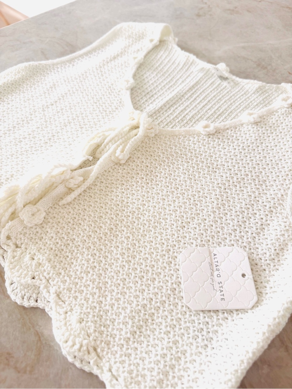 NWT Altar’d State White Crochet Knit Tie Front Vest Size L